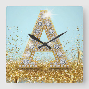 Luxe diamanten letter A op gouden glitter achtergr Vierkante Klok