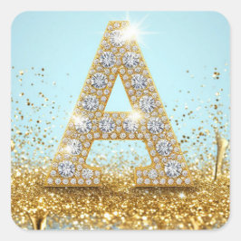 Luxe diamanten letter A op gouden glitter achtergr Vierkante Sticker