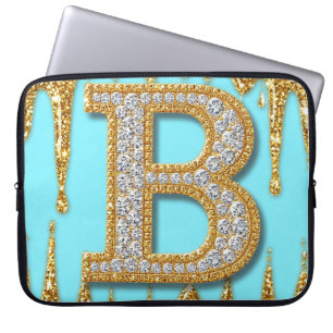 Luxe diamanten letter B op gouden glinsterende ach Laptop Sleeve