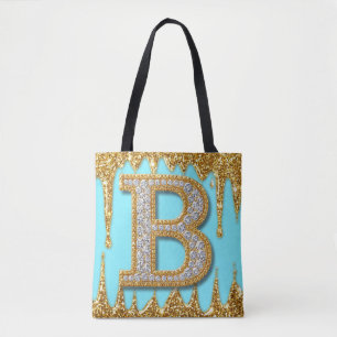 Luxe diamanten letter B op gouden glitter achtergr Tote Bag