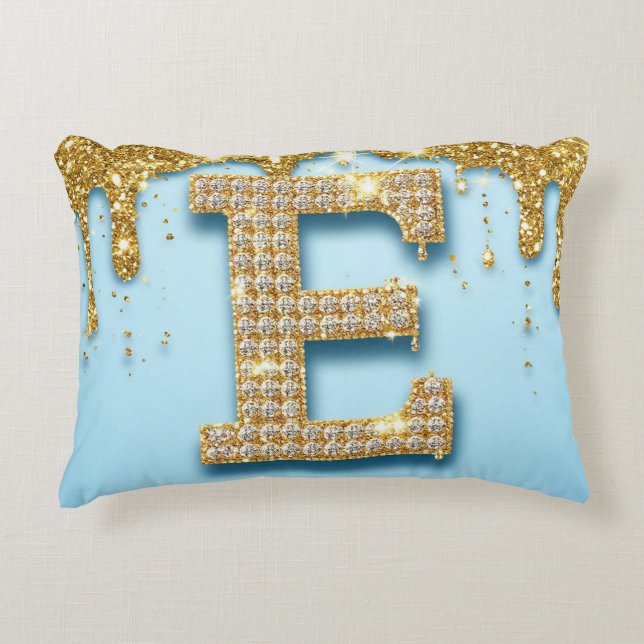 Luxe diamanten letter E op gouden glitter achtergr Accent Kussen (Voorkant)