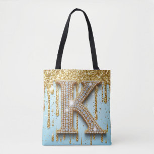 Luxe diamanten letter K op gouden glitter achtergr Tote Bag
