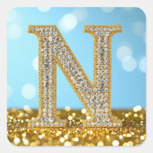 Luxe diamanten letter N op gouden glitter achtergr Vierkante Sticker