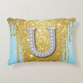 Luxe diamanten letter U op gouden glitter achtergr Accent Kussen