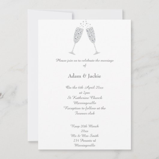 Luxe Diamond Champagne Glass White ELEGANT WEDDING Kaart (Voorkant)