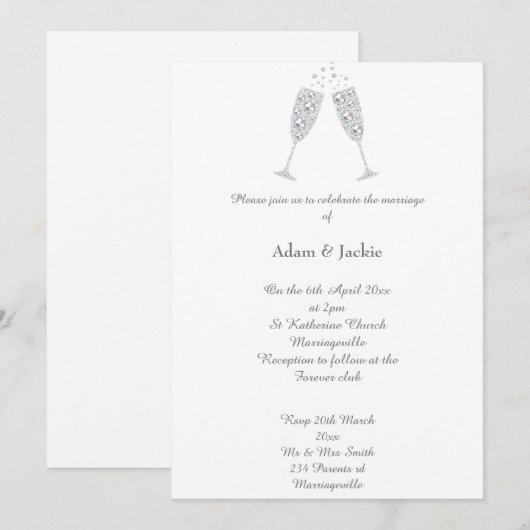 Luxe Diamond Champagne Glass White ELEGANT WEDDING Kaart (Voorkant / Achterkant)