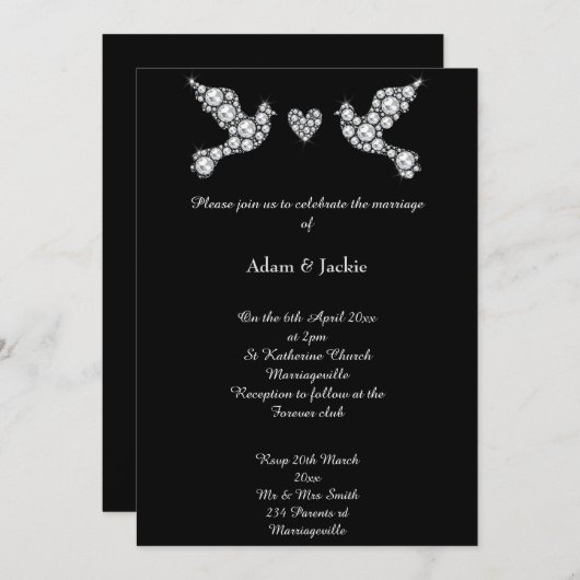 Luxe Diamond Love Dove Black Wedding Invitation Kaart (Voorkant / Achterkant)