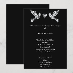 Luxe Diamond Love Dove Black Wedding Invitation Kaart