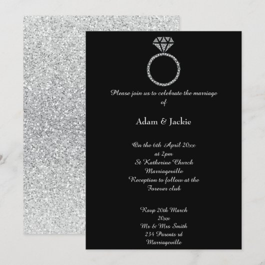 Luxe Diamond Ring Black Glitter Wedding Kaart (Voorkant / Achterkant)