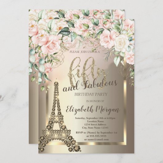 Luxe Diamonds Eiffeltoren, Border Rozen 50th Kaart (Voorkant / Achterkant)