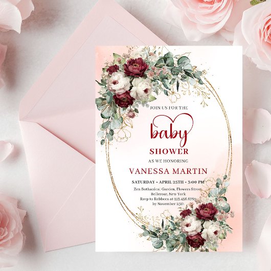 Luxe dieprode en gouden babyshower uitnodiging