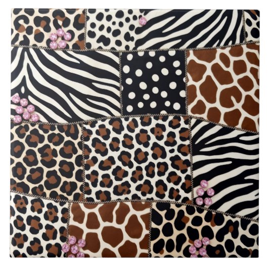 Luxe Dierenprint Roze Rijnsteen Tegeltje (Voorkant)