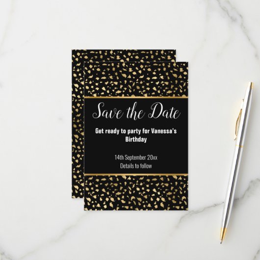 LUXE DIERENPRINT ZWARTE GLITTER SAVE THE DATE RSVP KAARTJE (Voorkant / Achterkant in situ)