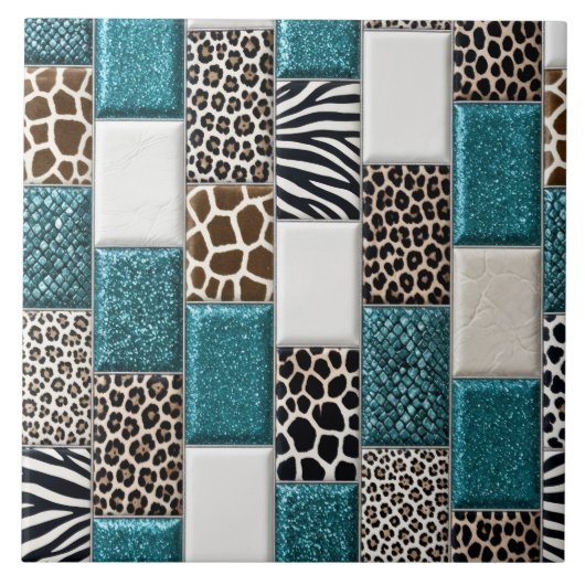 Luxe Dierprint Teal Nep Glitter Tegeltje (Voorkant)