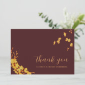 Luxe donker bordeauxrode en gouden bloemen bedankk bedankkaart (Staand voorkant)