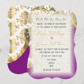 Luxe donker paarse en gouden damast bruiloft kaart (Voorkant / Achterkant)
