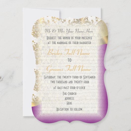 Luxe donker paarse en gouden damast bruiloft kaart (Voorkant)