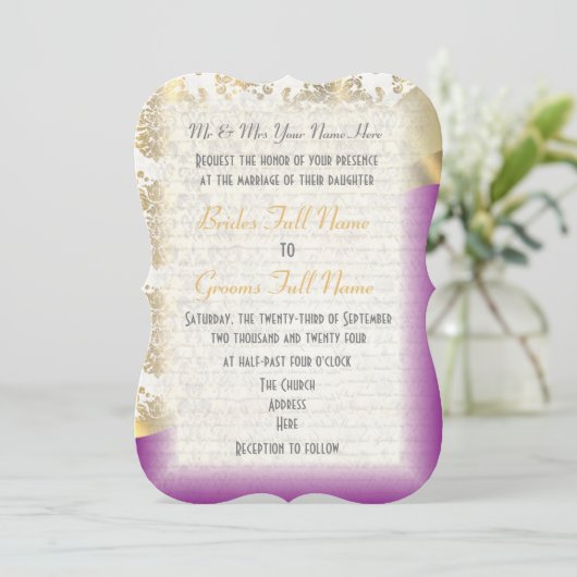 Luxe donker paarse en gouden damast bruiloft kaart (Staand voorkant)