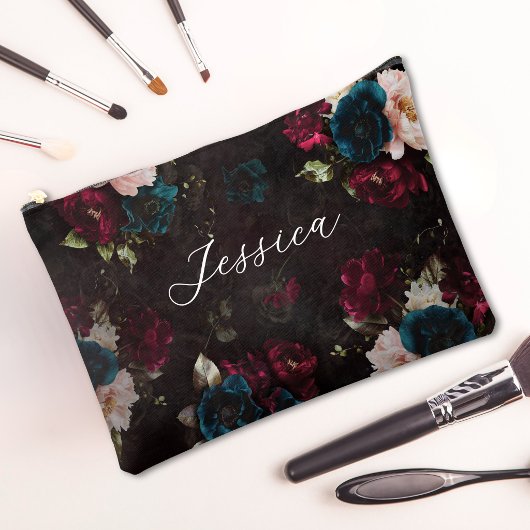 Luxe donker turquoise rode bloemrijke monogram etui