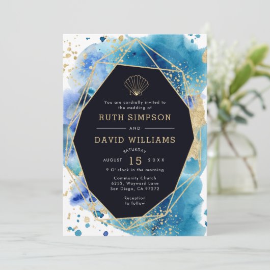 Luxe, donkerblauw en gouden bruiloft-uitnodiging kaart (Staand voorkant)