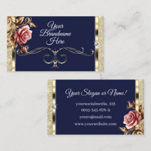 Luxe Donkerblauw Gouden Glitter Roze  Roos Visitekaartje