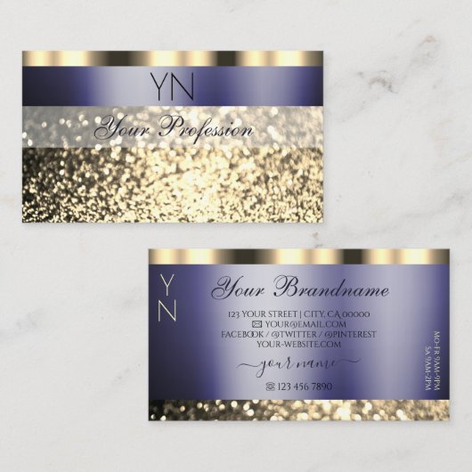 Luxe, donkerblauw, goudglitter-monogram visitekaartje (Voorkant / Achterkant)
