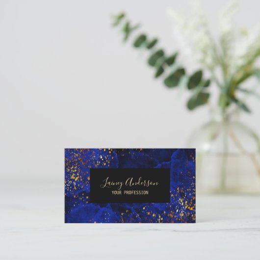 Luxe donkerblauw zwart en faux gold folie glitter visitekaartje (Staand voorkant)