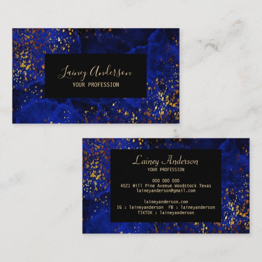 Luxe donkerblauw zwart en faux gold folie glitter visitekaartje (Voorkant / Achterkant)