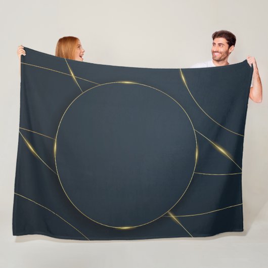 Luxe donkerblauwe gouden cirkel abstract ontwerp fleece deken (In situ)