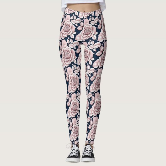 Luxe donkerblauwe rozen met witte details leggings (Voorkant)