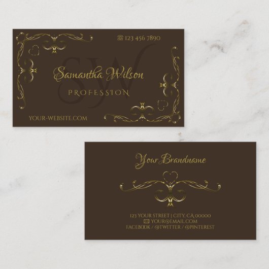 Luxe donkerbruine gouden hoeken Initialen Visitekaartje (Voorkant / Achterkant)