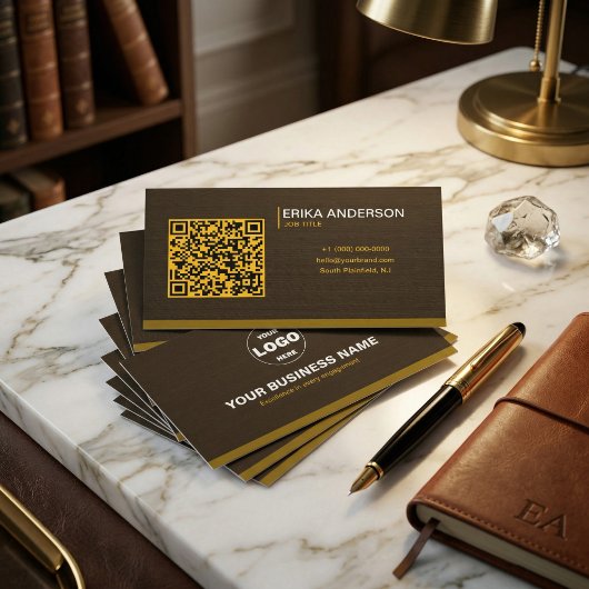 Luxe Donkerbruine Textuur QR Code Minimaal Goud Visitekaartje