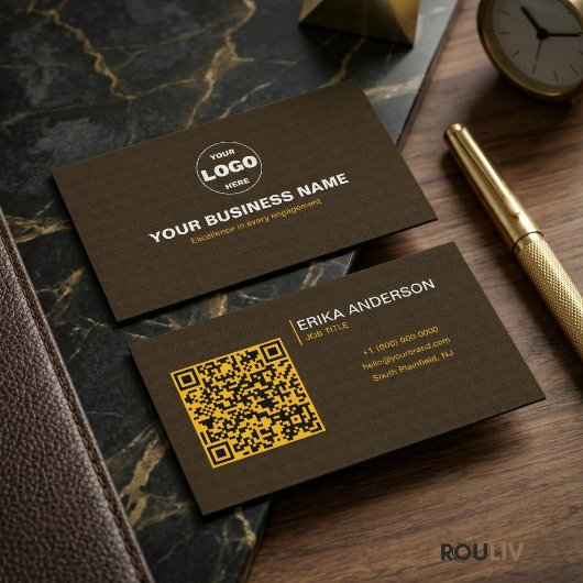 Luxe Donkerbruine Textuur QR Code Minimaal Goud Visitekaartje