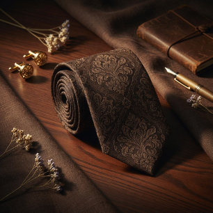 Luxe Donkere Espresso Bruine Barokke Damast Stropdas