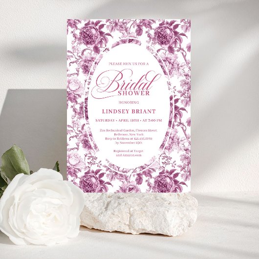 Luxe donkere fuchsia rozen patroon bruidsdouche kaart