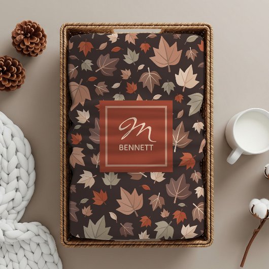 Luxe Donkere Herfstbladeren Monogram Sherpa Deken