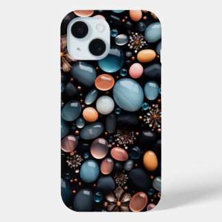 Luxe donkere kristallen en gouden bloemen esthetie iPhone 15 case