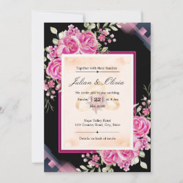 Luxe donkere zwarte en fuchsia roze roos bruiloft kaart
