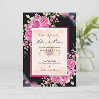 Luxe donkere zwarte en fuchsia roze roos bruiloft kaart