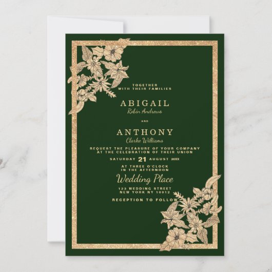 Luxe donkergroen goud glitter bloemenbruiloft kaart (Voorkant)