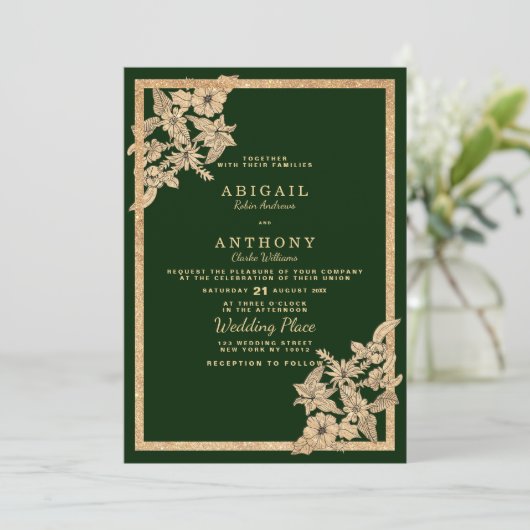 Luxe donkergroen goud glitter bloemenbruiloft kaart (Staand voorkant)