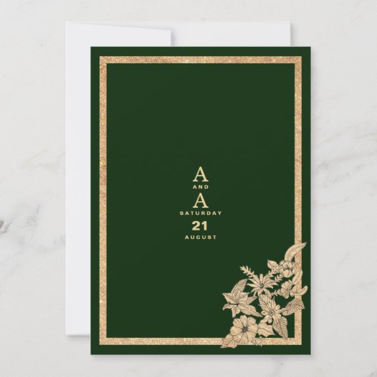 Luxe donkergroen goud glitter bloemenbruiloft kaart (Achterkant)