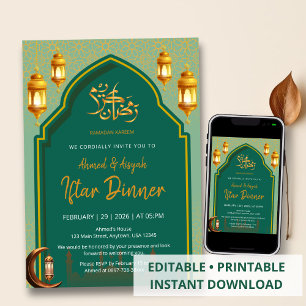 Luxe donkergroene en gouden Iftar-feestuitnodiging Kaart