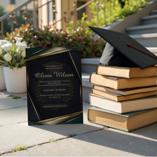 Luxe donkergroene & gouden afstuderen kaart