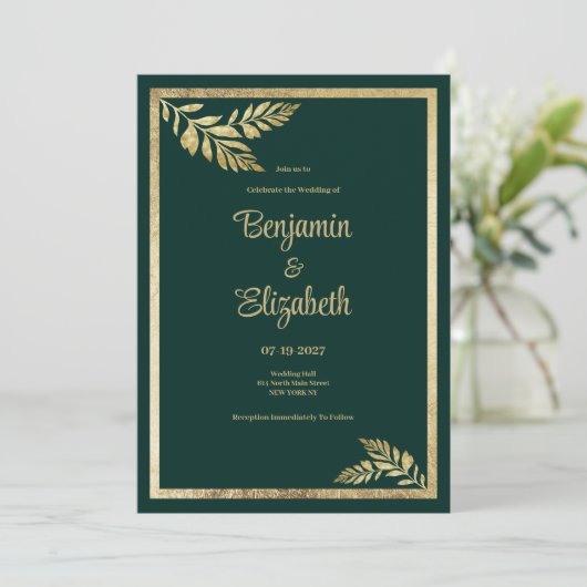 Luxe donkergroene gouden blad lijst bruiloft kaart (Staand voorkant)