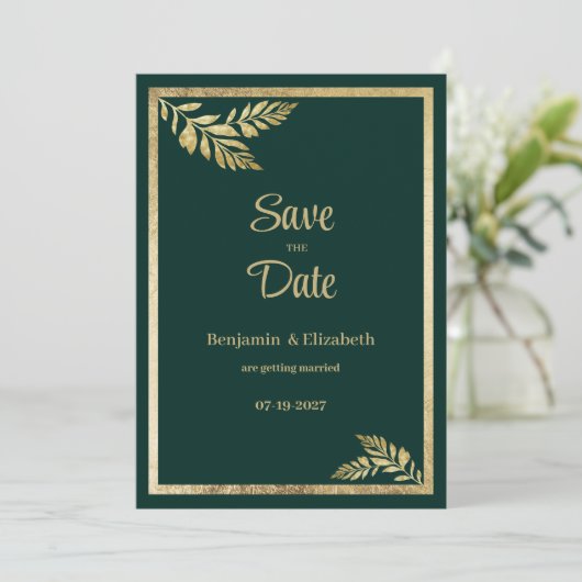 Luxe donkergroene gouden blad lijst Save the Date Kaart (Staand voorkant)