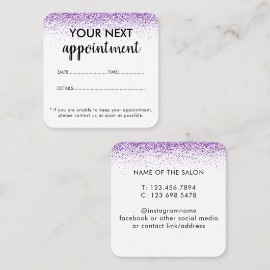 Luxe druppels glitter paarse Salon Afspraakkaart Afsprakenkaartje (Voorkant / Achterkant)