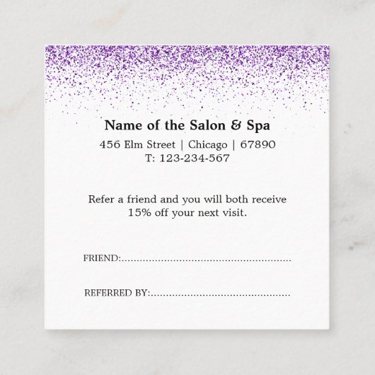 Luxe druppels glitter paarse Salon Korting Kaart (Achterkant)
