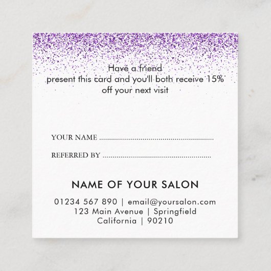 Luxe druppels glitter paarse Salon Referral Kaart (Achterkant)