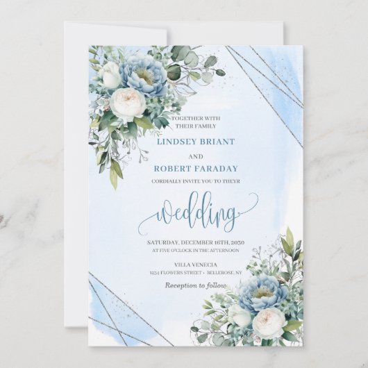 Luxe Dusty Blauw Wit Zilveren Bloemen Wedding Kaart (Voorkant)